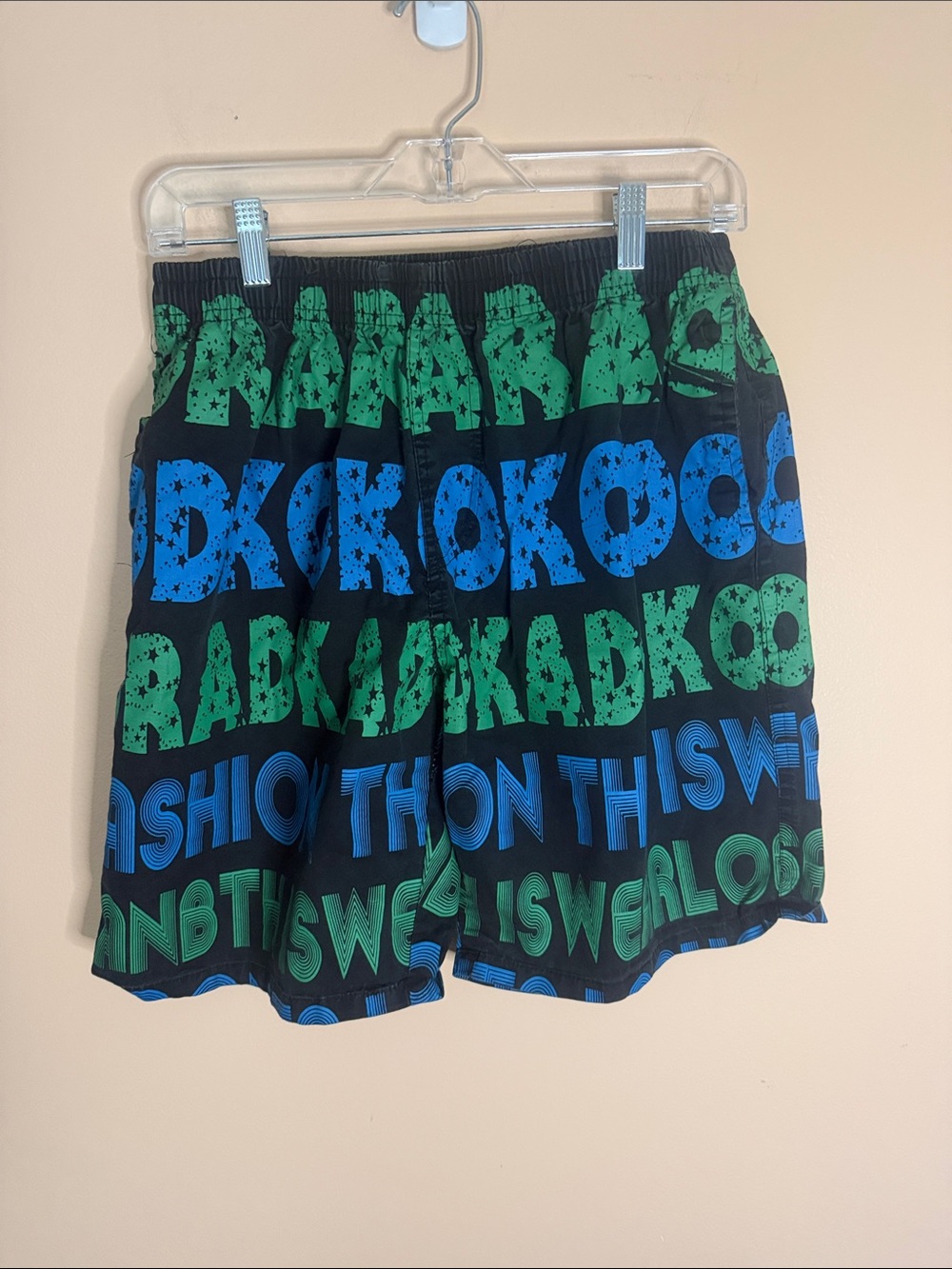 Men's Athletic Shorts - Black with Blue & Green Text Pattern